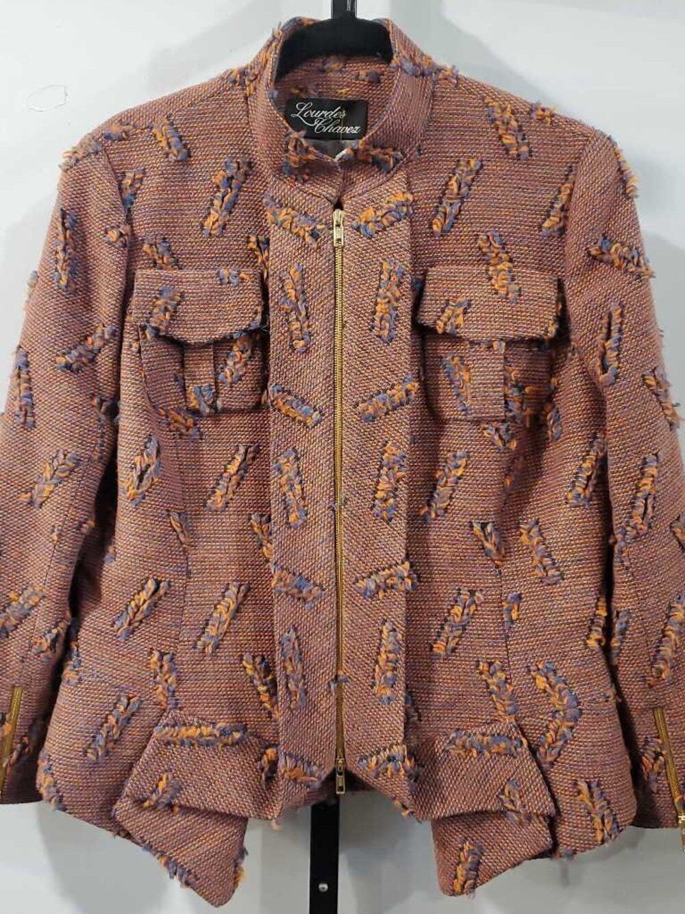 Lourdes Chavez Women's Jacket Medium Orange and Blue Textured Zip Up Jacket